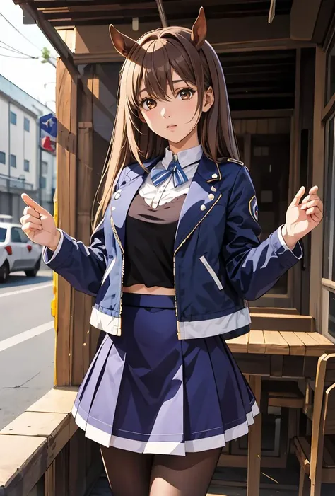 (masterpiece, best quality), 1girl,  <lora:YafyaxKiriko:0.8> YafyaxKiriko, 1girl, solo, long hair, blue skirt, brown hair, blue jacket, white shirt, opened jacket, long sleeves, horse ears, brown eyes, brown pantyhose,