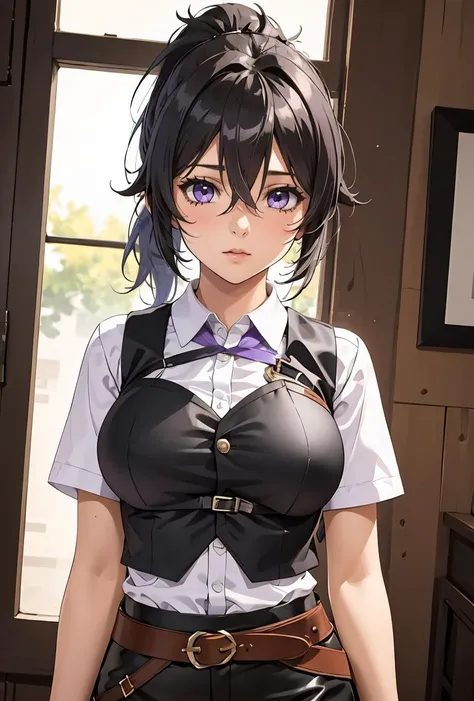 (masterpiece, best quality), 1girl, <lora:AdamxKiana:0.8> AdamxKiana, 1girl, solo, ponytail, large breasts, purple shirt, black hair, hair between eyes, purple eyes, short sleeves, collared shirt, belt, black pants, vest,