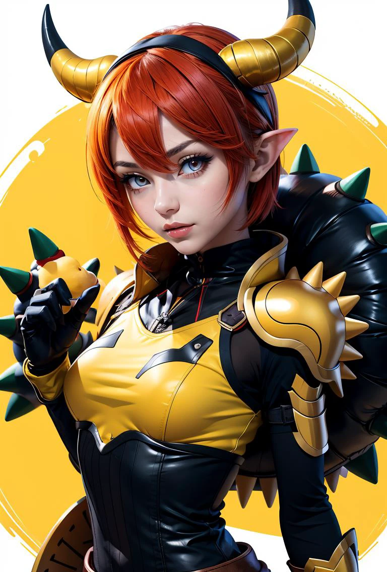 (masterpiece, best quality), 1girl, <lora:BowserxLucina:0.8> BowserxLucina, 1girl, solo, short hair, red eyes, black gloves, hair between eyes, red hair, horns, black gloves, fingerless gloves, yellow armor, spikes shoulder armor,