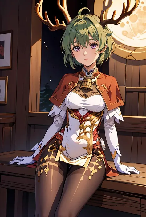 (masterpiece, best quality), 1girl, <lora:MoonCarverxGanyu:0.8> MoonCarverxGanyu, 1girl, solo, yellow gloves, long sleeves, brown capelet, purple eyes, ahoge, brown pantyhose, detached sleeves, green hair, antlers, neck bell