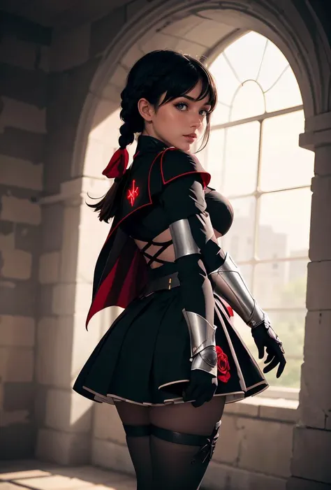 (masterpiece, best quality), 1girl,  <lora:ANMRxSummer:0.8> ANMRxSummer, 1girl, solo, short hair, frilled skirt, black hair, black gloves, black dress, shoulder armor, braid, pantyhose, frills, fingerless gloves, black cape, armor, black eyes, breastplate, medium breasts, crimson rose (symbol)