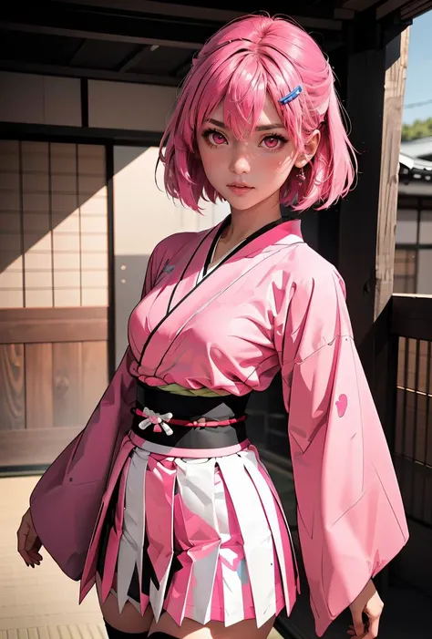 (masterpiece, best quality), 1girl, <lora:SonaOkita:0.8> SonaOkita, 1girl, solo, pink hair, short hair, skirt, hairclip, black thighhighs, long sleeves, hair between eyes, pleated skirt, japanese clothes, wide sleeves, pink eyes, pink kimono, sash, obi, white skirt, medium breasts,