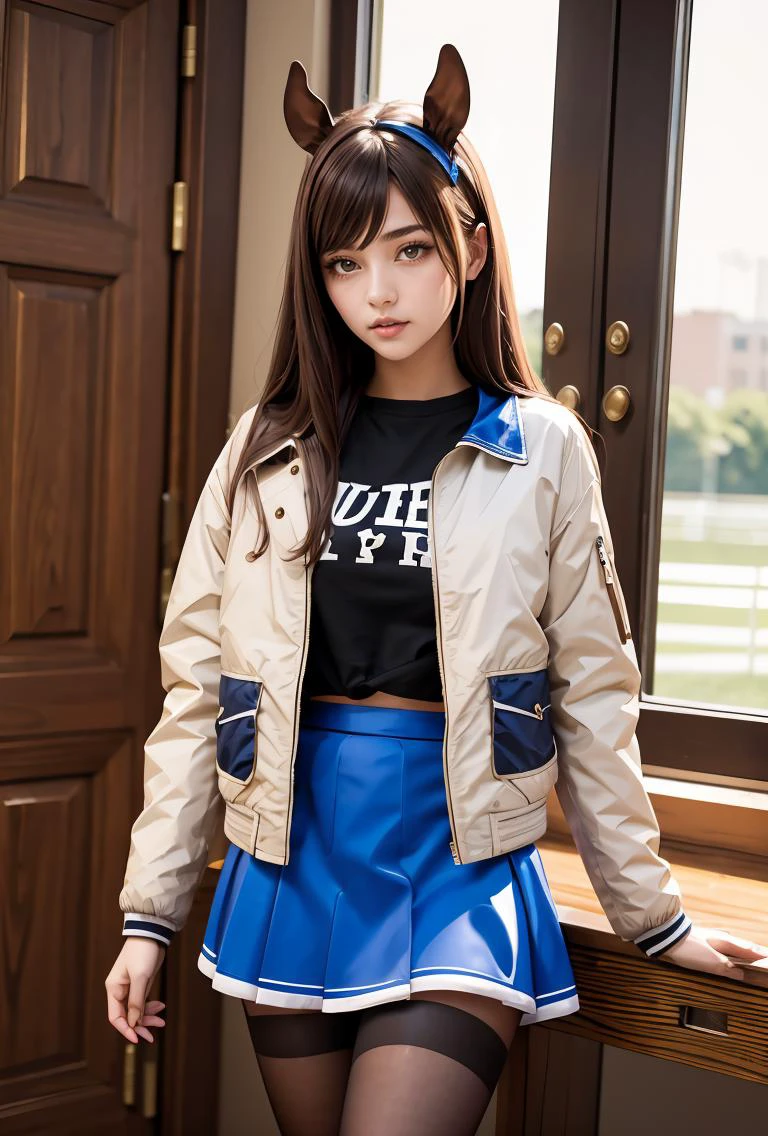 (masterpiece, best quality), 1girl, <lora:YafyaxKiriko:0.8> YafyaxKiriko, 1girl, solo, long hair, blue skirt, brown hair, blue jacket, white shirt, opened jacket, long sleeves, horse ears, brown eyes, brown pantyhose,