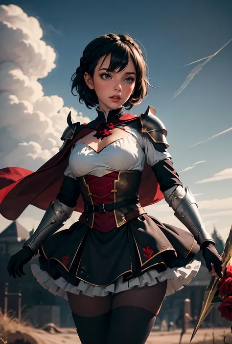 (masterpiece, best quality), 1girl, <lora:ANMRxSummer:0.8> ANMRxSummer, 1girl, solo, short hair, frilled skirt, black hair, black gloves, black dress, shoulder armor, braid, pantyhose, frills, fingerless gloves, black cape, armor, black eyes, breastplate, medium breasts, crimson rose (symbol)