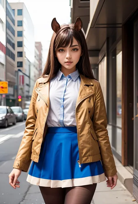 (masterpiece, best quality), 1girl,  <lora:YafyaxKiriko:0.8> YafyaxKiriko, 1girl, solo, long hair, blue skirt, brown hair, blue jacket, white shirt, opened jacket, long sleeves, horse ears, brown eyes, brown pantyhose,