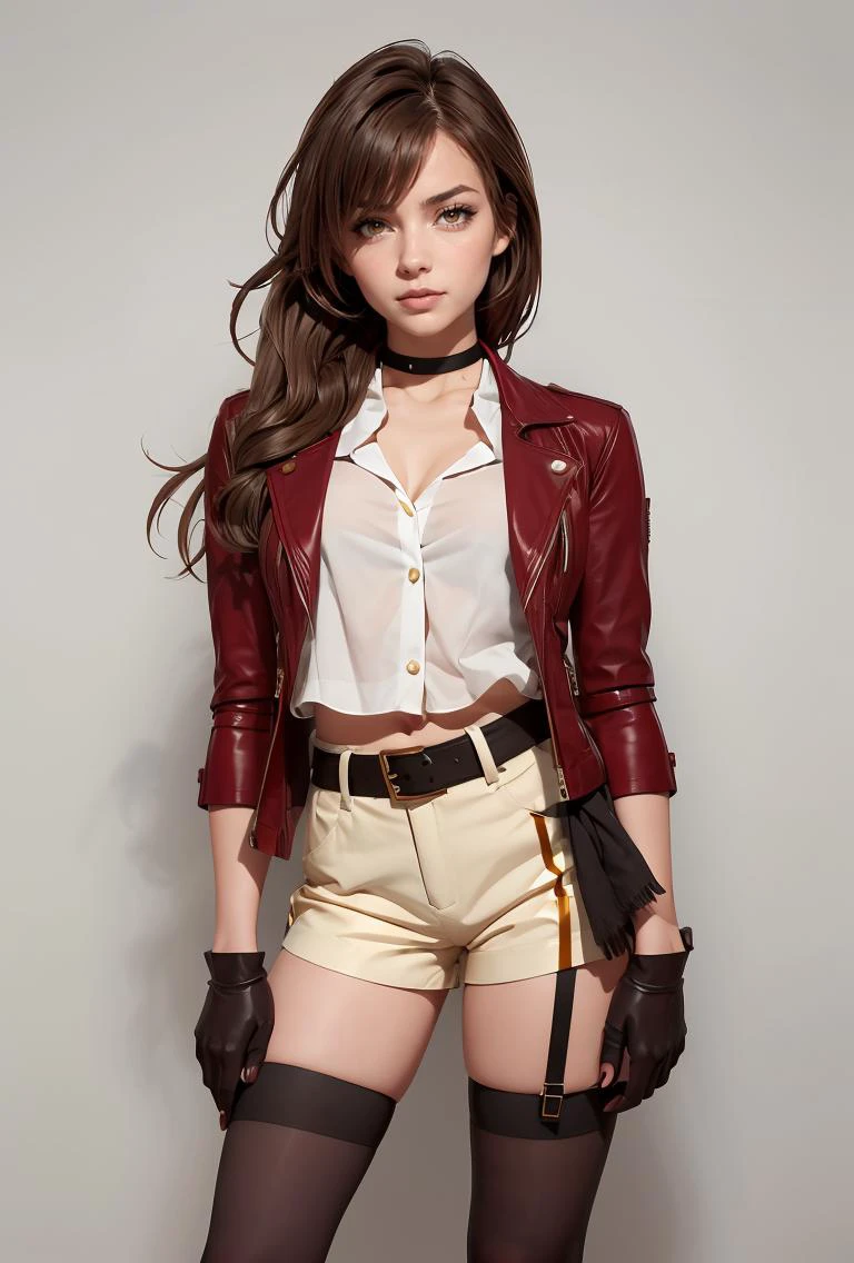 (masterpiece, best quality), 1girl, <lora:WeltxHimeko:0.8> WeltxHimeko, 1girl, solo, very long hair, high ponytail, brown hair, white shirt, thighhighs, black gloves, hair between eyes, brown eyes, red jacket, yellow eyes, short shorts, choker, belt, black scarf, open jacket, thigh strap, black shorts, sleeves rolled up, cropped jacket, brown shorts