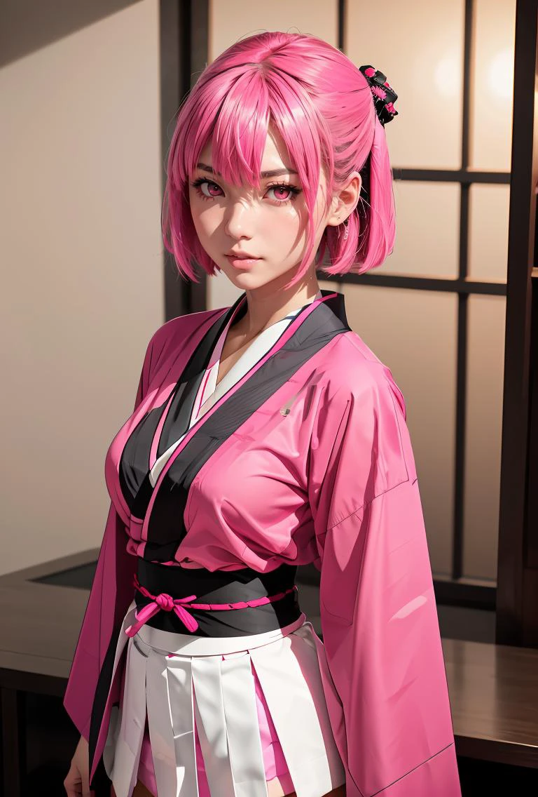 (masterpiece, best quality), 1girl, <lora:SonaOkita:0.8> SonaOkita, 1girl, solo, pink hair, short hair, skirt, hairclip, black thighhighs, long sleeves, hair between eyes, pleated skirt, japanese clothes, wide sleeves, pink eyes, pink kimono, sash, obi, white skirt, medium breasts,