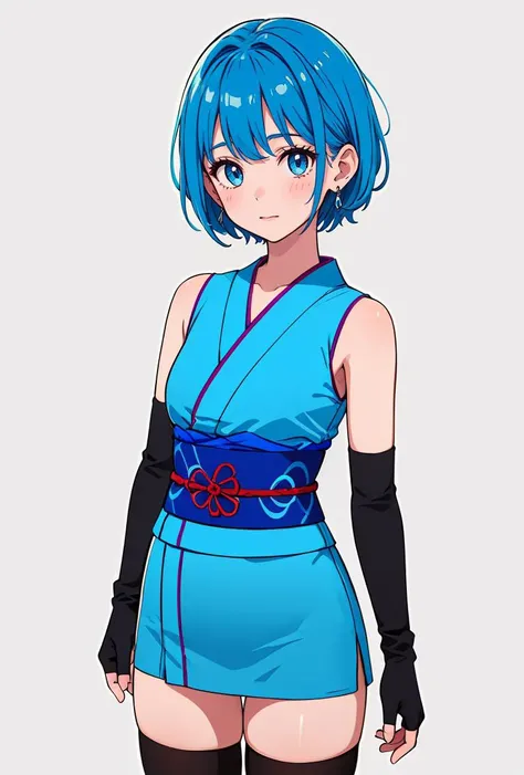 (masterpiece, best quality), 1girl, <lora:MiyukiHamdan:0.8> MiyukiHamdan, 1girl, solo, short hair, blue eyes, thighhighs, bare shoulders, blue hair, earrings, japanese clothes, sleeveless, black gloves, elbow gloves, fingerless gloves, blue kimono, sash, obi, blue kimono,