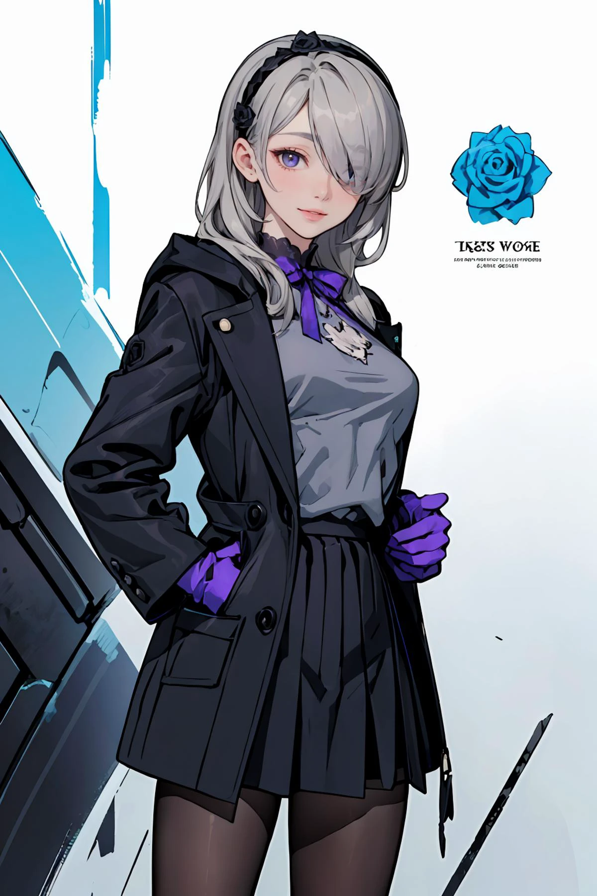 8k high quality detailed,highres,anime,comic,detailed image,
(an illustration of a age girl posing,(an illustration of girl,teengirl)),(magazine_illustration),
(, dasha_taran,1girl,russian_girl,long hair,lips,medium breasts),(Sweet Smile),detailed_face,
((Covering mouth with hands):0.8),
(, LeexRosemary,black skirt,grey shirt,purple gloves,black pantyhose,hairband,hair over one eye,black coat,blue rose,rita rossweisse),(,realistic clothing texture,realistic_skin_texture),<lora:Dasha:0.9>,<lora:LeexRosemary:0.65>,<lora:more_details:0.2>