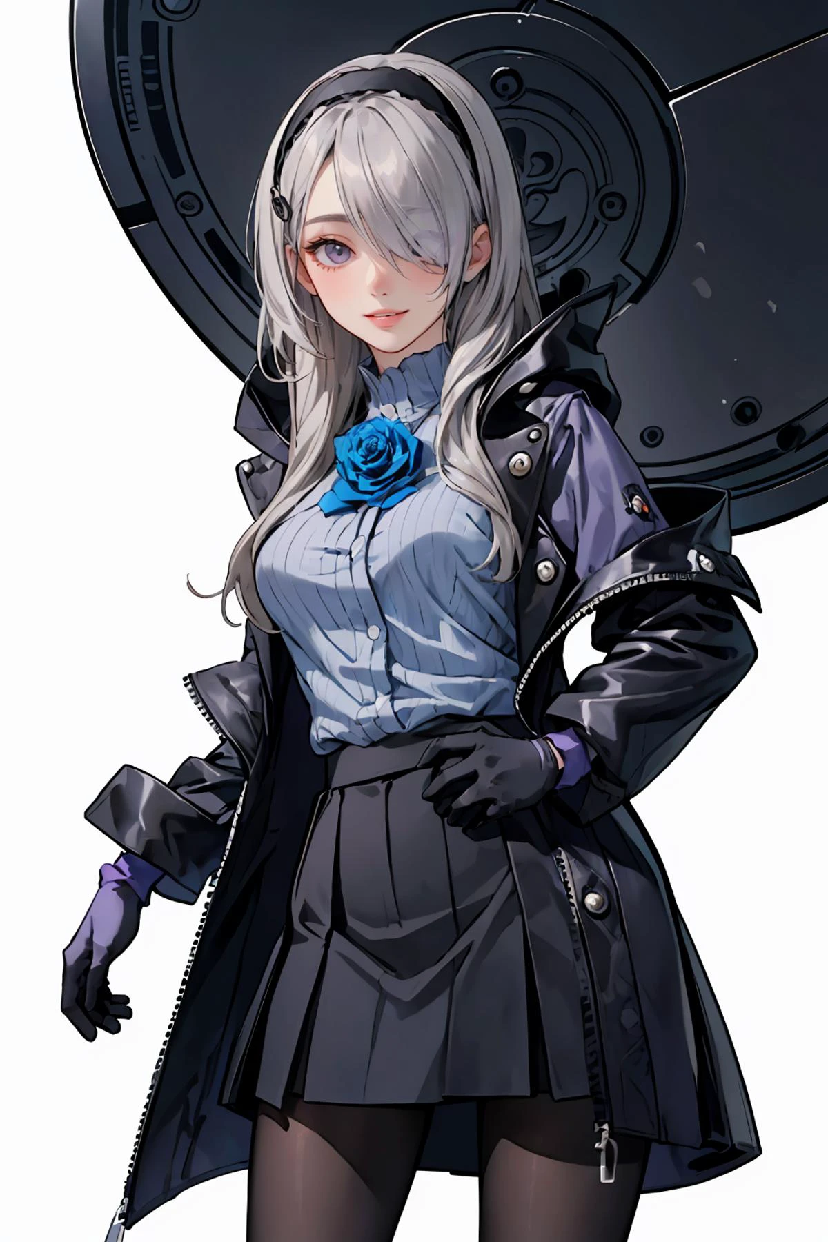 8k high quality detailed,highres,anime,comic,detailed image,
(an illustration of a age girl posing,(an illustration of girl,teengirl)),(magazine_illustration),
(, dasha_taran,1girl,russian_girl,long hair,lips,medium breasts),(Encouraging Smile),detailed_face,
((getting dressed):0.8),
(, LeexRosemary,black skirt,grey shirt,purple gloves,black pantyhose,hairband,hair over one eye,black coat,blue rose,rita rossweisse),(,realistic clothing texture,realistic_skin_texture),<lora:Dasha:0.9>,<lora:LeexRosemary:0.65>,<lora:more_details:0.2>