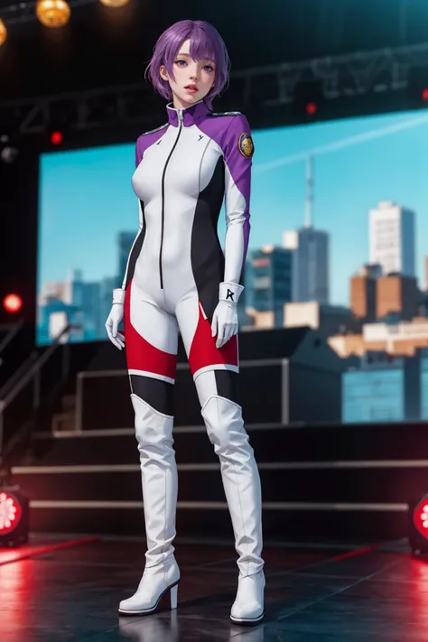 <lyco:GoodHands-beta2:1>,8k,highres,absurdres,masterpiece,best quality,original,extremely detailed CG,extremely detailed wallpaper,perfect lighting,
1girl,solo,blurry_background,looking_at_viewer,standing on the stage,
<lora:KiraxLunamaria:0.7>,KiraxLunamaria,short hair,blue eyes,white gloves,purple eyes,purple hair,red hair,blue bodysuit,pilot suit,
