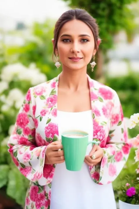 high quality, photo of a 35-year-old woman, Wearing white flower printed short frolk,drinking cofee, at terrace garden at 6pm Evening, ambiant lighting, taking selfie for instagram post, detailed face, jenifw <lora:jenifw:1>