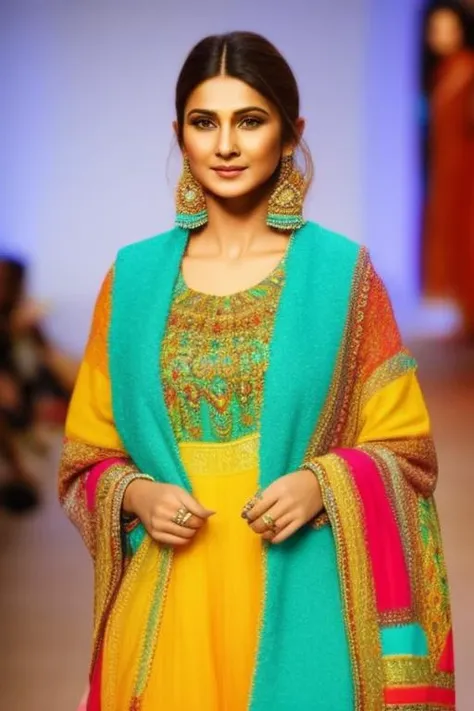 a portrait photo of a woman, jenifw, walking the ramp, brightly colored intricate ethnic wear, looking at camera, city light bokeh, hyper realistic, lifelike texture, <lora:jenifw:1>