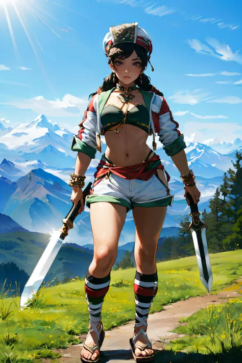 (masterpiece, best quality, ultra detailed, absurdres)1.5, 1girl, (sexy, beautiful woman, perfect face, perfect eyes, perfect female body)1.5, (talim, black hair, braid, braided twintails, green top, midriff, white hat, white shorts, thigh cutout, cropped jacket, jewelry, sandals, bangles, holding weapon, tanfo, bladed tanfo, <lora:talim-10:0.7>), (standing, outdoors, mountains in background), perfect lighting, smooth, hdr