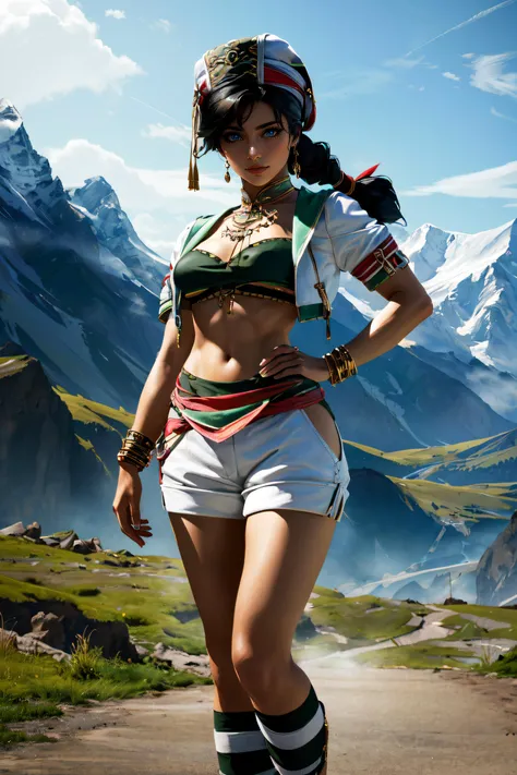 (masterpiece, best quality, ultra detailed, absurdres)1.5, 1girl, (sexy, beautiful woman, perfect face, perfect eyes, perfect female body)1.5, (talim, black hair, braid, braided twintails, green top, midriff, white hat, white shorts, thigh cutout, cropped jacket, jewelry, sandals, bangles, <lora:talim-10:0.7>), (standing, outdoors, mountains in background), perfect lighting, smooth, hdr