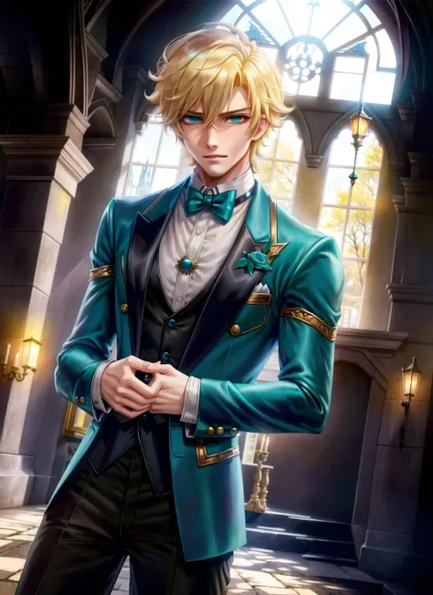 1boy, (man), manly body, anime, extremely detailed, hyper detailed, (broad shoulders), (PERFECT FACE), illustration, soft lighting, 2d, intricate, cowboy shot, detailed eyes, blonde hair, short hair, teal eyes, sexy, toned, black tuxedo, (outside), castle tower
 <lora:Axsens:0.5>