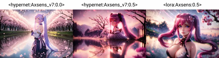 (young lady), pretty, delicate, breasts, (focus eyes), twintails, (cherry blossoms), (reflection), (light (particles)), stars, shooting stars, (magic), (tone mapping), (dusk), (Anton Fadeev)  <hypernet:Axsens_v7:0.0>