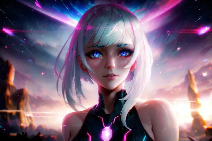 (young lady), pretty, delicate, breasts, (focus eyes), reflection, (light (particles)), stars, shooting stars, (magic), (tone mapping), (dusk), (Anton Fadeev), white hair, lucy \(cyberpunk\), <lora:Axsens:0.5> <lora:lucyCyberpunk_35Epochs:0.5>
