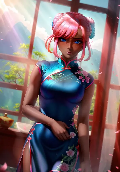 ((masterpiece)), (((1girl))), (dark skin), (perfect face), [[nipples]], uncensored, smooth, looking at camera, blush, on stomach, dark blue eyes, china dress (cheongsam/qipao), confused, ( eye focus ) , pink hair,  (triple bun ), hair up, ((( athlete ))), (particles), magic, depth of field, iridescent light rays <lora:Axsens:0.5>
