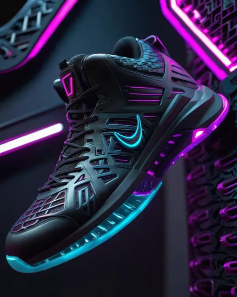 A shot from above, capturing the shoe's unique tread pattern:0.4 and the way it contributes to stability and grip. , cyberpunk:1.5<lora:shoes:1.0>