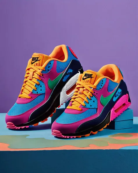 Vibrant Nike Air Max 90 sneakers, bold color palette:0.7, photographed in a dynamic pose, emphasizing their chunky sole and layered design, with a focus on the interplay of colors and textures, lifestyle shot:0.9.<lora:shoes:1.0>