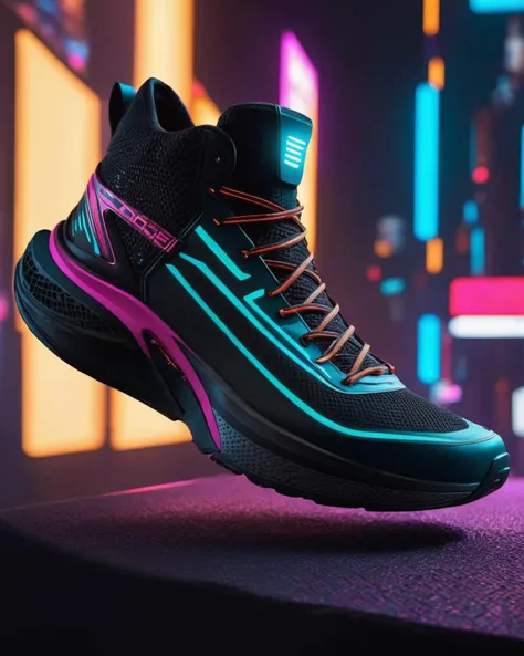 A focus on the shoe's arch support:0.4 and cushioning:0.3, important features for comfort during extended activities. , cyberpunk:1.5<lora:shoes:1.0>