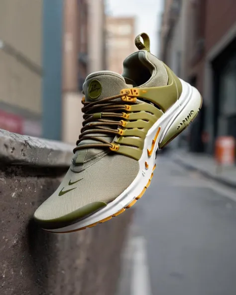 Nike Air Presto sneakers, urban utility:0.7, photographed in an urban street scene, showcasing their adaptable fit and practical design, emphasizing their role as versatile everyday footwear, lifestyle shot:0.9.<lora:shoes:1.0>
