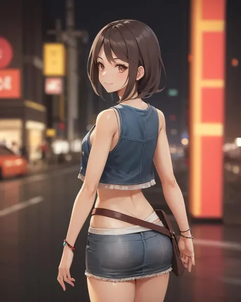 best quality, (masterpiece:1.2), illustration, absurdres,
(1girl), (solo), (beautiful detailed girl), from behind,,
<lora:Halle-07:0.8>, Halle Coleman, brown hair, short hair, brown eyes,
jewelry, blue vest, white camisole, brown belt, grey miniskirt, red armband, bracelet, red sandals,
city street, modern city, neon lights, night, (cyberpunk:0.8),,
(looking at viewer, smile),