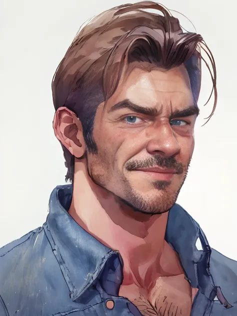 (one male), (cowboy-shot), (looking at viewer).
Very detailed manly face, heroic, detailed realistic open deep blue eyes, (muscular:1.5), (big muscles), (massive pecs), (hairy pecs), narrow waist and hips, dark brown short quiff hair, (slight smile).
Wearing boots, jeans, (shirtless) (topless male).
Detailed, dramatic, high definition, high quality, masterpiece.
<lora:watercolorV1:1>