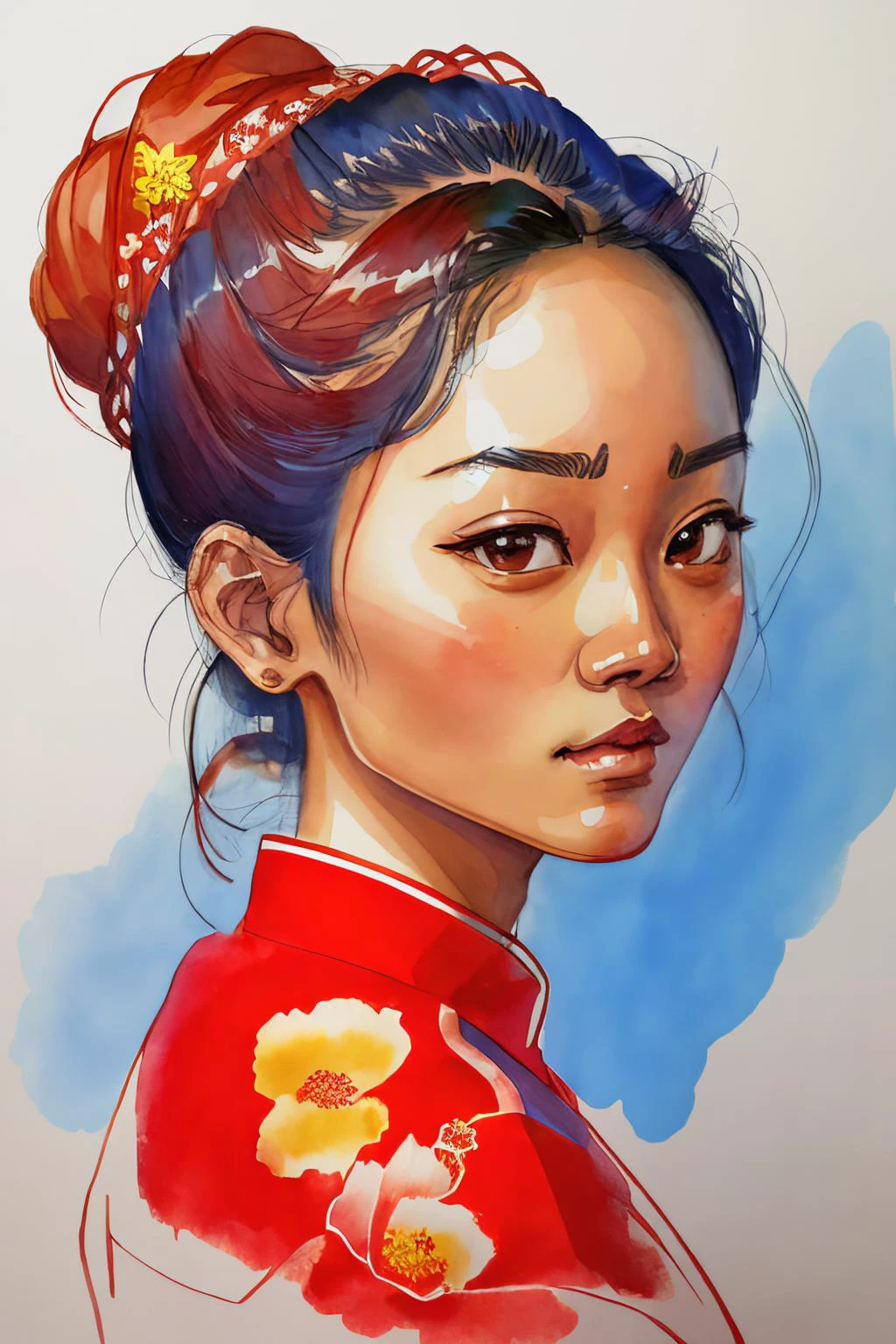 closeup painting of MeiyuCipher, streets of kowloon, wearing an intricate detailed Qipao Cheongsam, silk, blue and red, emblem <lora:watercolorV1:0.85>