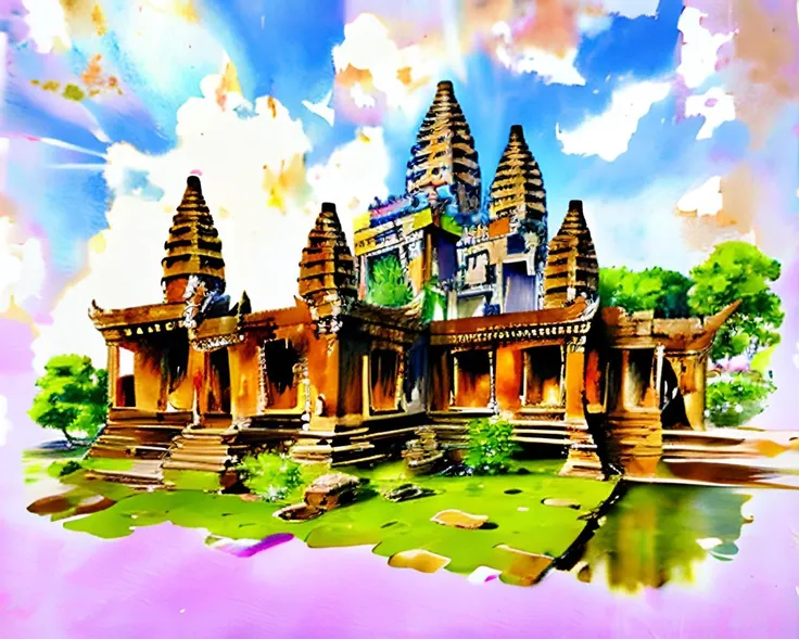 Ruins of Angkor Wat, stone carvings, jungle vegetation. <lora:watercolorV1:1>