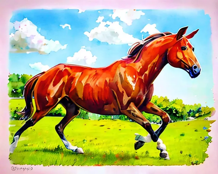 A horse running in an open field. <lora:watercolorV1:1>