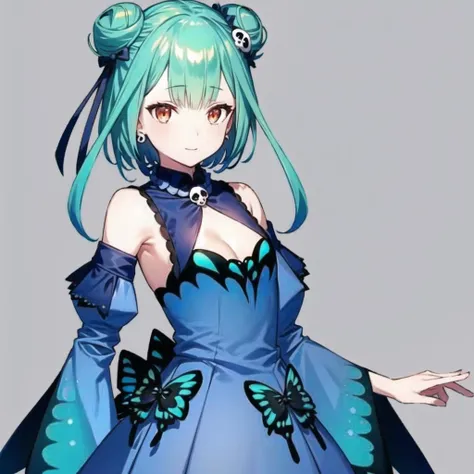 <lora:bluerushialast:1>, bluerushia, green hair, double bun, short hair, blue bow, blue dress, detached sleeves, off-shoulder, blue butterfly, hair ornament, detached collar, cleavage cutout,
sull body, standing,