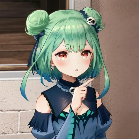 <lora:testbluerushia2_3:1>, bluerushia, green hair, double bun, short hair, blue bow, skull hair ornament,