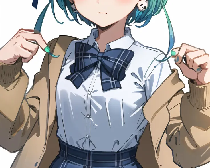 <lora:GoodHands-beta2:1>, nice hands, perfect hands, masterpiece, best quality, high quality, highres, jewelry, <lora:testbluerushia2_3:1> , (brown cardigan:1.3), 1girl, aqua hair, skirt, red eyes, shirt, plaid, bowtie, anger vein, blue bowtie, hands on hips, plaid skirt, plaid bow, plaid bowtie, short hair, collared shirt, blue skirt, black choker, earrings, jewelry, beret, open clothes, classroom, double bun, skull hair ornament,