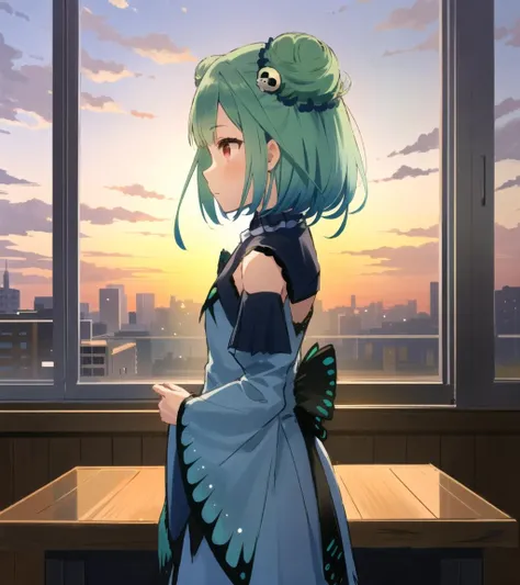 <lora:testbluerushia:1>, bluerushia, green hair, double bun, short hair, blue bow, hair ornament,
blue sky, indoors, cloudy sky, sunset, window, the scenery outside the window,