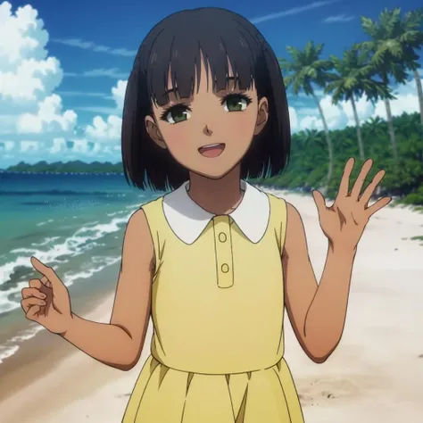 high quality,solo,
<lora:ManaHino001:0.7>,looking at viewer,smile,open mouth,hand up,
ManaHino,1littlegirl,
yellow dress,buttons,sleeveless,
tropical,palm_tree,ocean,