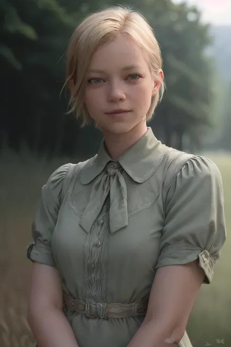 closeup of aylsst wearing a [green] vintage dress, prewar america outdoors, smug expression, short hairdo, realistic, <lora:AyLsst_v2_locon_64_64:1>