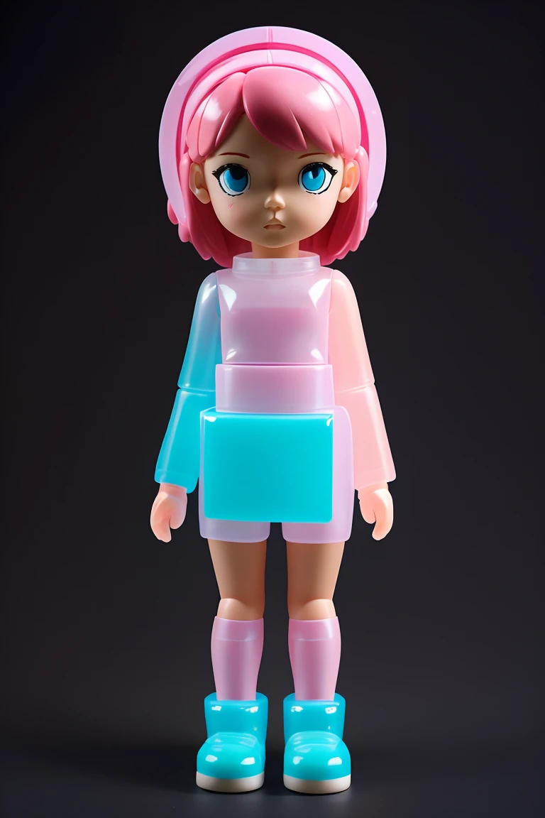 full-length (plastic toys:1.3) plastic girl toy MEDICOM, plastic clothing. As hand made toys style, looking at the camera, pastel colors, matte plastic, dark background, more detail <lora:toys:0.8>