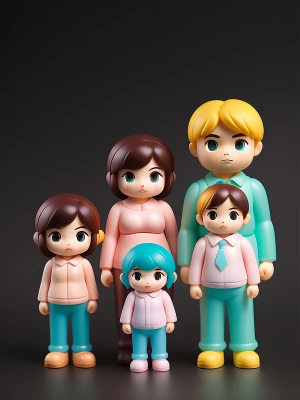 full-length plastic family toys by Chibi. looking at the camera, pastel colors, matte plastic, dark background, more detail <lora:toys:0.7>