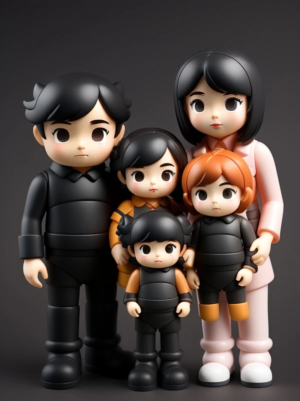 full-length plastic family toys by Chibi. looking at the camera, pastel colors, matte plastic, dark background, more detail <lora:toys:0.7>