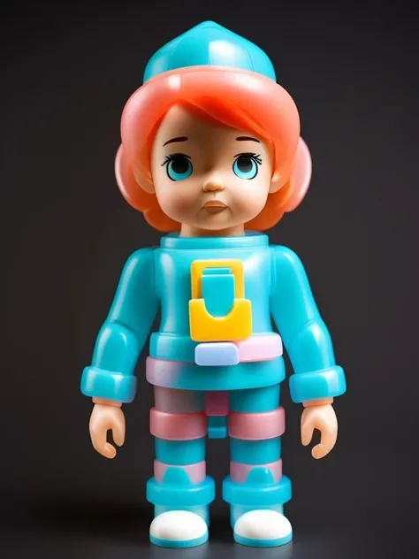 full-length (plastic toys:1.3) plastic girl toy MEDICOM, plastic clothing. As hand made toys style, looking at the camera, pastel colors, matte plastic, dark background, more detail <lora:toys:1>