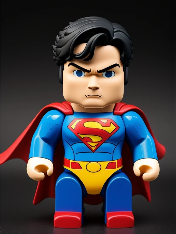 action pose toy as superman by BearBrick. looking at the camera, pastel colors, glossy plastic, dark background, more detail <lora:toys:0.7>