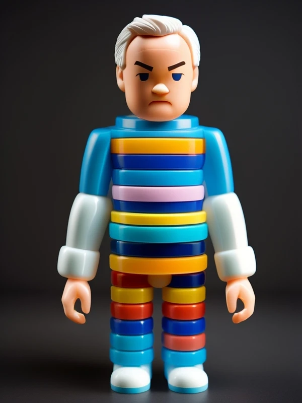 full-length (plastic toys:1.3) plastic toy MEDICOM, plastic clothing. As hand made toys style, looking at the camera, pastel colors, matte plastic, dark background, more detail <lora:toys:1>