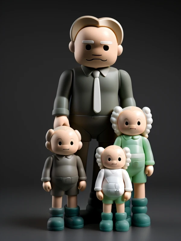 full-length plastic family toys by MEDICOM. looking at the camera, pastel colors, matte plastic, dark background, more detail <lora:toys:1>