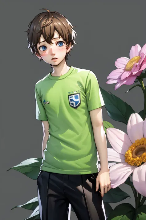 cowboy_shot, solo, 1boy, male, flustered, brown hair, blue eyes, dark purple track pants, day, Baby's_Breath \(flower\), floral background <lora:Soejima_render_style_v01.09:1>