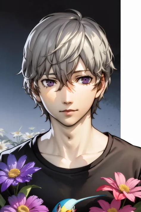portrait, solo, 1boy, male, afraid, grey hair, dark purple eyes, light brown crew neck t-shirt, night, False_Bird_of_Paradise \(flower\), floral background <lora:Soejima_render_style_v01.09:1>