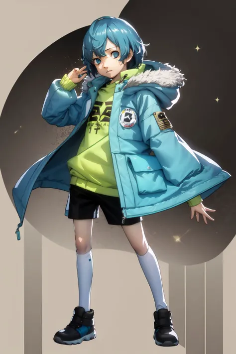 full body, solo, 1boy, male, hungry, light blue hair, dark grey eyes, aqua parka, glitter particles, Boxwood_African \(flower\), floral background <lora:Soejima_render_style_v01.09:1>