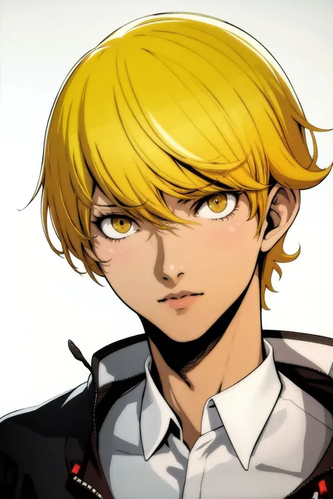 portrait, solo, 1boy, male focus, afraid, yellow hair <lora:Soejima_shigenori_style_v02:1>