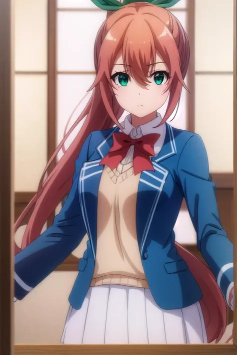 fruitofevolutionlulune, <lora:fruitofevolution lulune s2-lora-nochekaiser:1>,
lulune, long hair, brown hair, ribbon, (green eyes:1.3), hair ribbon, ponytail,
BREAK skirt, bow, school uniform, jacket, blazer,
BREAK indoors, classroom,
BREAK looking at viewer,
BREAK <lyco:GoodHands-beta2:1>, (masterpiece:1.2), best quality, high resolution, unity 8k wallpaper, (illustration:0.8), (beautiful detailed eyes:1.6), extremely detailed face, perfect lighting, extremely detailed CG, (perfect hands, perfect anatomy),